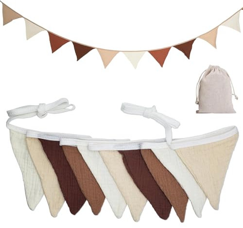 02 banderines de color marrón café para habitación de los niños, de tela de muselina de algodón, 2,8 m, guirnalda de muselina para habitación infantil, decoración para cama de casa, cuna y cuna