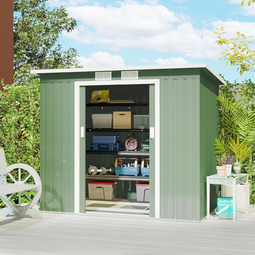 Outsunny Caseta de Jardín Exterior 2,4 m², 213x130x172 cm, Cobertizo de Jardín Exterior Metálico con Puerta Corredera, Techo Inclinado, Base Refuerzo (Suelo NO Incluido) y 2 Ventanas, Verde