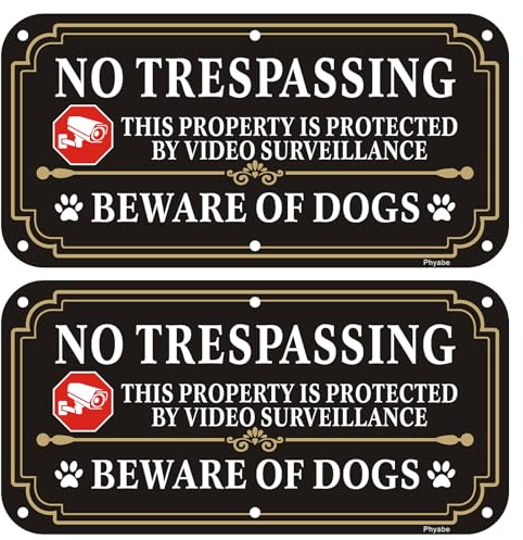 Phyabe 2 Pack Beware of Dog No Trespassing Sign 30 x 15 cm Aluminum | This Property Is Protected By Video Surveillance Rust Free Aluminum Dog Sign, Weather Resistant, Waterproof, Durable