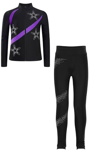 inlzdz konståkning kläder set barn flickor tvådelad träningsoverall långärmad dragkedja jacka med konståkningslösningar leggings sportkläder, violett, 158/164 cm