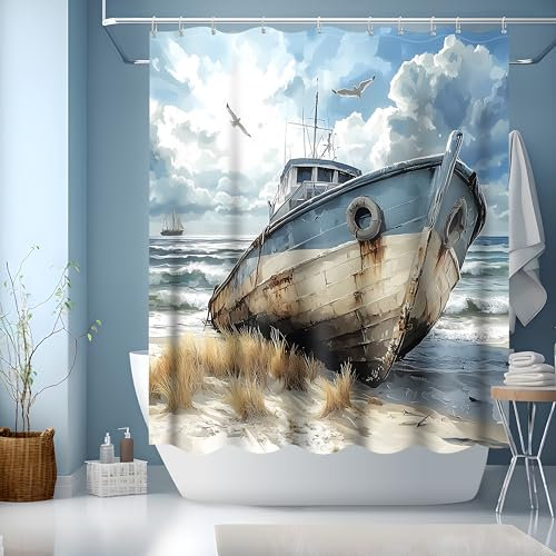 GXUNNAA Cortina de ducha náutica decorativa retro de tela de poliéster impermeable con 12 ganchos para ducha, baño, lavable, caída de 150 x 180 cm