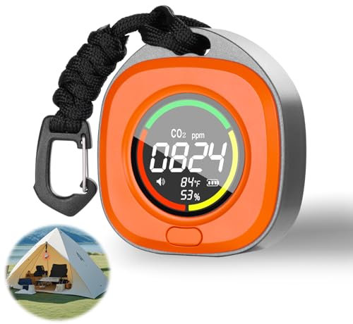 Tragbarer CO2 Melder, Mini CO2 Messgerät Luftqualitätsprüfer, CO2 Sensor mit Vollfarb LCD, Kontrollleuchte, Alarm, Automatische Kalibrierung, für Zuhause, Büro, Gewächshaus (Orange)