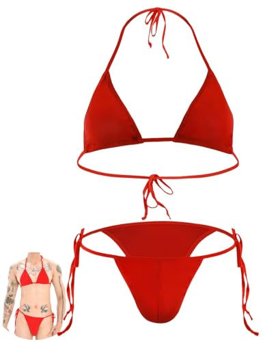 FEOYA String Bikini Set Hommes sous Vêtements de Sissy Set Spaghetti Sling Soutien Gorge Top avec Culotte Taille Basse Rouge