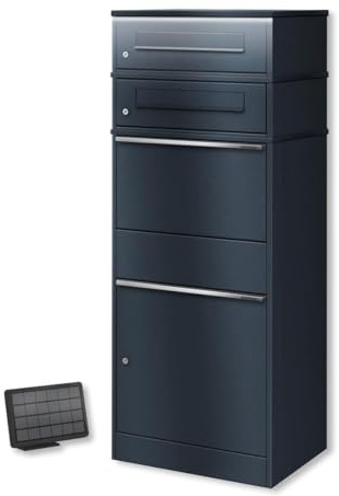 Metzler Paketbox freistehend mit LED-Solarbeleuchtung und abschließbaren Fächern in Anthrazit RAL 7016, wetterfest und rostfrei für kontaktlose Zustellung im Außenbereich, Edelstahl, Postkasten groß