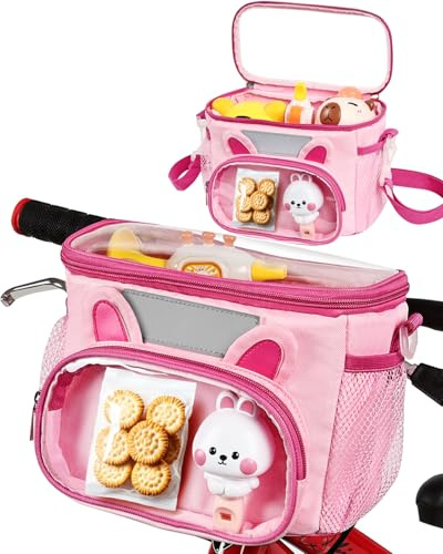 Kids Bike Basket, Front Handlebar Bicycles & Scooter Basket, Kid Ride Basket Bag with Detachable Strap for Girls, Boys, Toddlers - Clear Lid, Adjustable Straps, Cute Ear Design