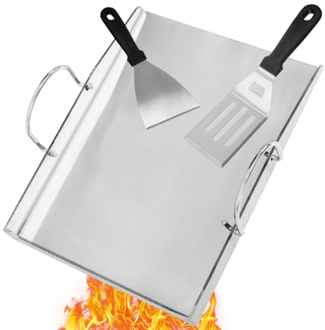 COGRICHBF Plaque de cuisson universelle en acier inoxydable avec 2 spatules pour barbecue Weber, Enders, Burnhard et barbecue au charbon de bois, 40 x 30 cm, massif, 4 mm