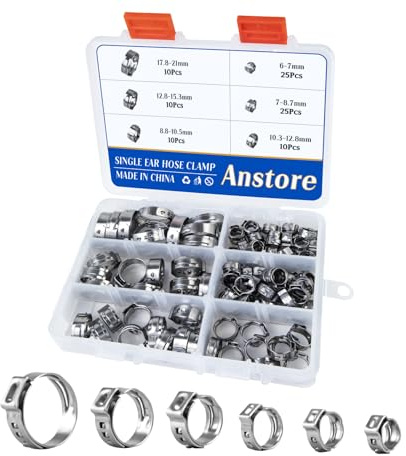 Anstore 90Pcs Single Ear Hose Clamp Kit, 6 Sizes (6-21mm) Stainless Steel | Worm Drive Clamps Assorted, Pipe Clamps for Plumbing, Automotive, DIY, Home & Garden