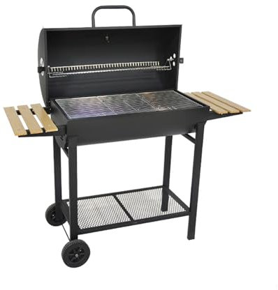 Barbecue Charbon de Bois avec Couvercle pour Fumoir et Thermomètre Barbecue de Cuisine en Plein Air avec Roulettes et Tables D'appoint pour Patio, Jardin et Arrière Cour