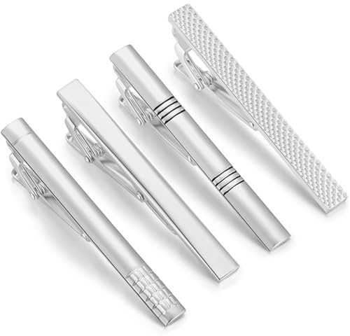 Silver Tie Clip Set för Män: 4 Klassiska Designer av Slipsklämmor och Slipsnålar, Perfekt för Affärsmöten, Bröllop eller Formella Tillfällen, Hållbar och Elegant Personlig Slipsklämma