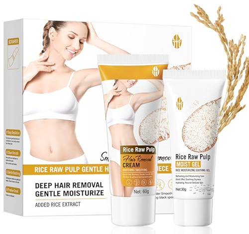 Rice Raw Pulp Hair Removal 2PCS Set - Gentle Hair Removal Cream & Moisturising Gel - Nourishing Formula with Rice Extract for Smooth, Hydrated Skin - Hair Remover for Legs, Underarms & Bikini Line
