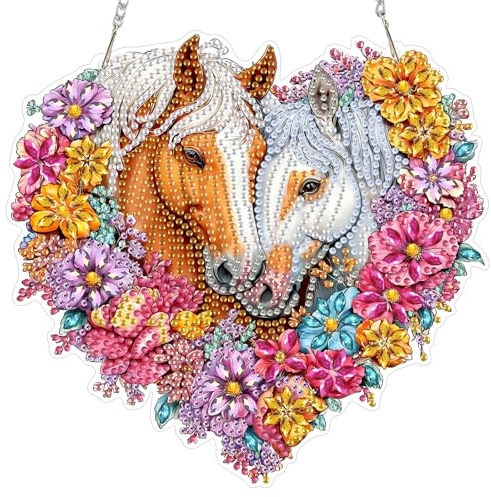 DAERLE Diamond Painting Anhänger, Pferd Paar mit Blumen, DIY Diamant Painting fensterdeko hängend, Pferde, Diamond Art Fensterbilder mit Kette, Wandbehang Kits für Fenster Wand und Eingang Decor