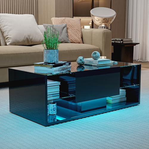 MIOOSUT Mesa baja con almacenamiento, moderna mesa de café para salón y dormitorio, con 1 cajón y estante para objetos, con luz LED multicolor (negro, 50 x 100 x 35)