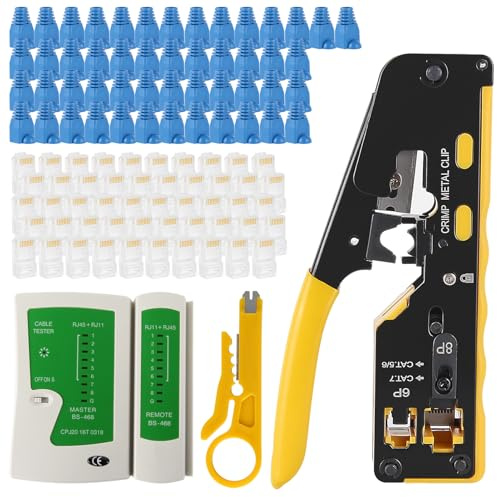 RJ45 Crimp Tool Kit with Network Cable Tester All-in-One Pass Through Ethernet Crimper Stripper Cutter for Cat7/Cat6/Cat5 Telephone Connectors Network Enthernet with Cat6 RJ45 Connectors Boots