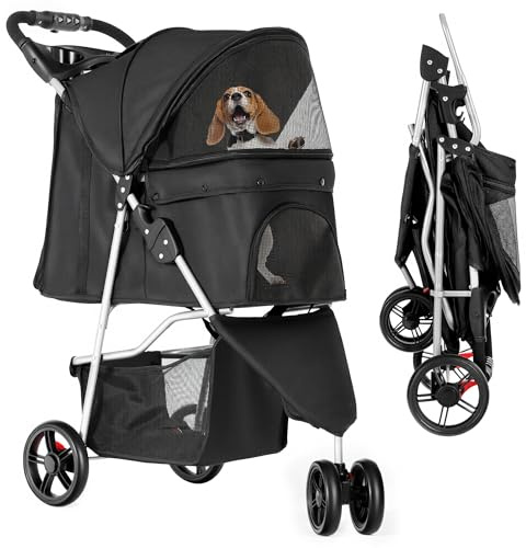 YITAHOME 15 kg Faltbarer Hundewagen, Katzenbuggy mit 3 Rädern, Netzfenstern, Getränkehalter und Bremsen, geeignet für Haustiere unter mittlerer Größe Schwarz