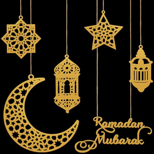 6 Pezzi Ramadan Decorazioni, Decorazione Appendibile per Ramadan, Ornamenti in Acrilico Dorato a Forma di Luna e Stella per Eid Mubarak, Set di Addobbi Festivi per Porte Finestre Pareti e Giardino
