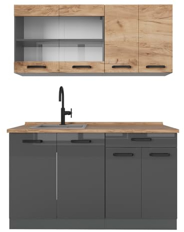Vicco Küchenzeile R-Line, Goldkraft Eiche/Anthrazit, 140 cm | zweifarbige Schränke, AP Eiche, zur flexiblen Erweiterung mit weiteren Modulen geeignet