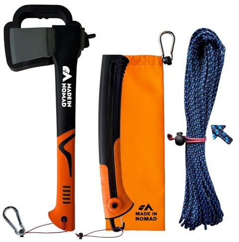 Bushcraft Axt Camping 38 cm + Holzsäge, zusammenklappbar, Outdoor + Code 3 mm x 25 m, Beil Klinge aus Karbonstahl, Transporttasche, Sicherheitsbox, Karabiner, Seile. Machete Camping, für Vanlife und