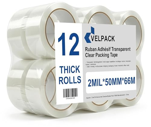 VELPACK Lot de 24 Rouleaux Ruban Adhésif Transparent Déménagement — Ruban Adhésif Emballage 50 mm x 66m Large Acrylique Silencieux pour Cartons Colis et Expédition