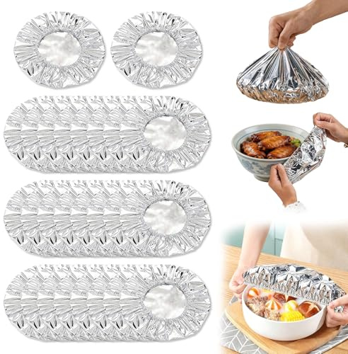 Hounyou 150 Pcs Reusable Aluminium Foil Food Covers, Elasticated Stretch Fit Insulated Bowl & Plate Covers, Heat Resistant Kitchen Wraps for 10-28cm Containers