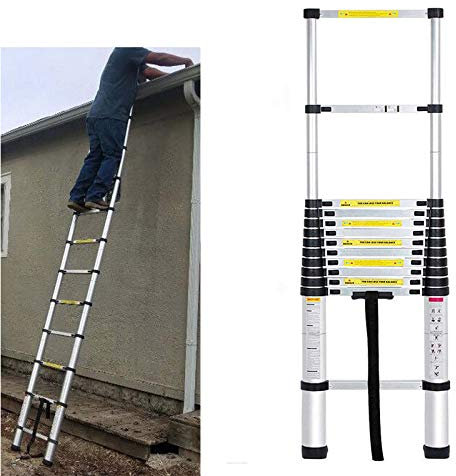 Scala di estensione da 5 m, in alluminio, portatile, compatta, retrattile, alta 12 gradini, con piedini in gomma antiscivolo, per uso multiuso, capacità 150 kg