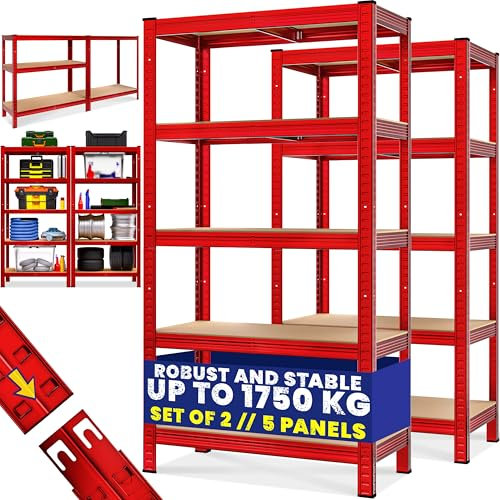 Monzana® Set of 2 Garage Shelves | 5 Tier Industrial Racking | Heavy Duty Free Standing Plug-In Shelving Units | Warehouse | Shed | Workshop | 875KG Capacity/175KG Per Shelf | Red | 180 x 90 x 40cm