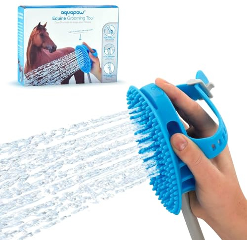 Aquapaw 5-in-1 Horse & Dog Bath Brush & Curry Comb - XL Blue Silicone - Includes 3-ft Shower Hose Attachment & Adapter - Adjustable Spray Scrub Massager - Great for Horses & Big Dogs