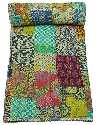 Marubhumi Traditionelle indische Kantha-Steppdecke aus reiner Baumwolle, Paisleymuster, mehrfarbig (mehrfarbig, Queen-Size-Bett (228,6 x 274,3 cm)