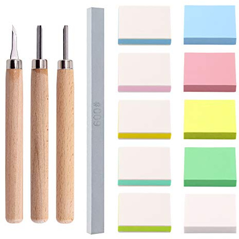 Swpeet Kit da 14Pz con 50mm Blocchi Quadrati Misti in Gomma per Intaglio Timbri Piatti 2 Tipi, 3Pz Strumenti per Intaglio e Pietra per Affilatura, Blocco a Doppia Faccia Rimovibile per Scrapbooking e