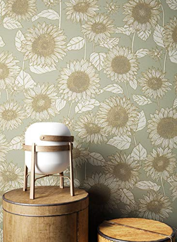 Newroom Vliestapete Grau Blumentapete Floral Landhaus Wohnzimmer | Sonnenblumen Muster Gold-Creme auf salbeigrünem Fond, Vintage Botanisch, Mustertapete Schlafzimmer, Wandtapete Küche