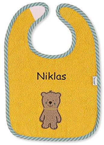 LALALO Sterntaler Lätzchen mit Namen bestickt, Bär Ben, Baby & Kleinkind Spucktuch, Klettlätzchen Halstuch/Babylätzchen personalisiert Gelb