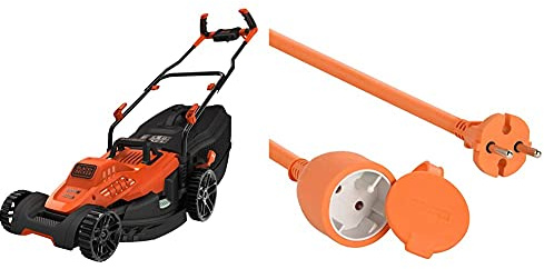 BLACK+DECKER Tondeuse Filaire 1800W, Tondeuse à Gazon Electrique 42 cm, 6 hauteurs réglables 20, 30, 40, 50, 60 et 70 mm & Electraline 20857038F Prolongateur Jardin avec clapet 16 A 25 m Orange