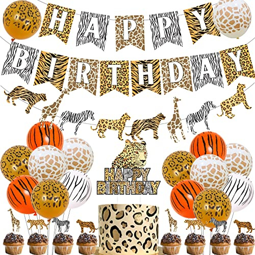Fangleland Leopard Geburtstag Party Dekorationen Gepard Happy Birthday Banner Girlande Kuchen Topper Set für Jungen Mädchen Dschungel Safari Tier Thema Party Supplies