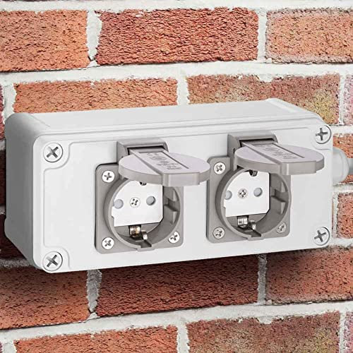 Bakaji Multipresa Elettrica 2 Prese Shucko Cassetta da Parete Muro per Esterno Giardino Impermeabile IP54 in Plastica ABS Ignifuga con Sportellino e Protezione Bambini Dimensione 20 x 8 x 9 cm