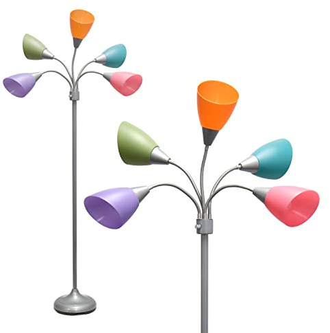 Simple Designs LF2006-SLM 67 Contemporary Multi Head Medusa 5 Light Adjustable Gooseneck Silver Floor Lamp with Fun Light Multicolored Shades for Kids Bedroom Playroom Living Room Office