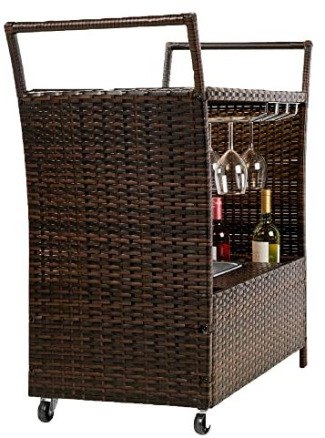 Outdoor Patio Furniture Outdoor Wicker Rattan Serving Bar Cart Garden Cart, With Removable Ice Bucket Bar Trolley A Best Choice For You For Home, Party