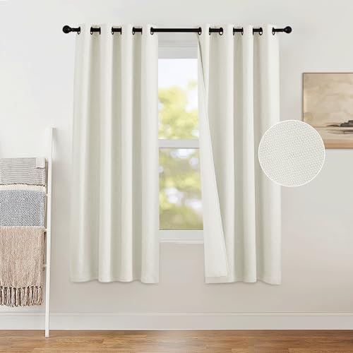 PONY DANCE Eyelet Curtains for Bedroom and Living Room, Faux Linen Blackout Off White Thermal Insulated Soundproof Boho Curtains, 46 Inches Wide, 72 Inch Drop