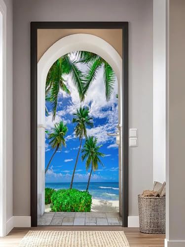 FLFK 3D Türtapete selbstklebend 77x200cm-Offener Türbogen Blick auf den Strand Wandbilder- Mauer Aufkleber - Wasserdicht TürPoster für Zuhause Dekor(2 Stk/Set)