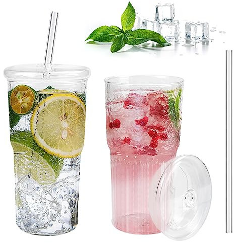 REFORUNG Lot de 2 verre avec couvercle et paille 550ML verres à thé Boba verres à boire Verre bouteilles en verre à rayures en cristal Canette avec Glass Straw pour Smoothie, Bière, Cocktail, Cafe