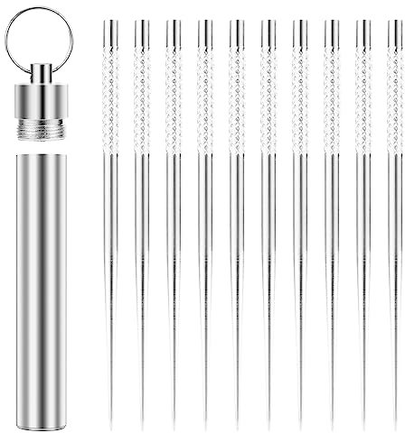 Prasacco 10 Stück Titan Zahnstocher, Tragbarer Zahnstocher mit Edelstahl Zahnstocherhalter Wiederverwendbare Multifunktionaler Zahnstocher Obstgabel Grillgabel für Outdoor, Picknick, Camping, Reisen