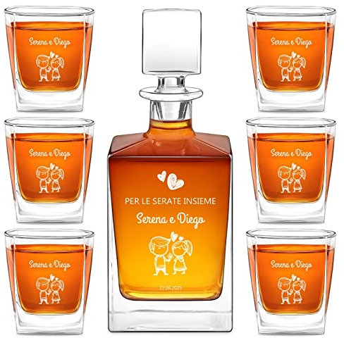 Maverton kit Caraffa con 6 bicchieri per whisky - Decanter con incisione personalizzata - da 810 ml per anniversario o nozze - Bottiglia da whisky in vetro - pensiero per coppia - Amore