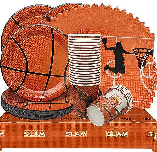 Servicio de Mesa de Fiesta para 24 Invitados, Kit de Vajilla Baloncesto,Traje de Decoración RáPida para El Cumpleaños Del Niño [Baloncesto Mantel+Plato+Vasos+Servilleta]
