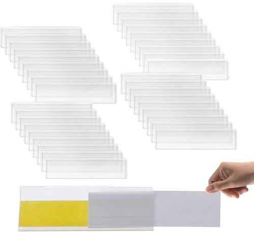 XoeLLe 50 stycken etiketthållare, självhäftande hylletiketter, prislappar, märkningsskyltar, transparent etikett, prismärkning 7,6 x 2,5 cm, hyllklämma för hem, kontor, skola