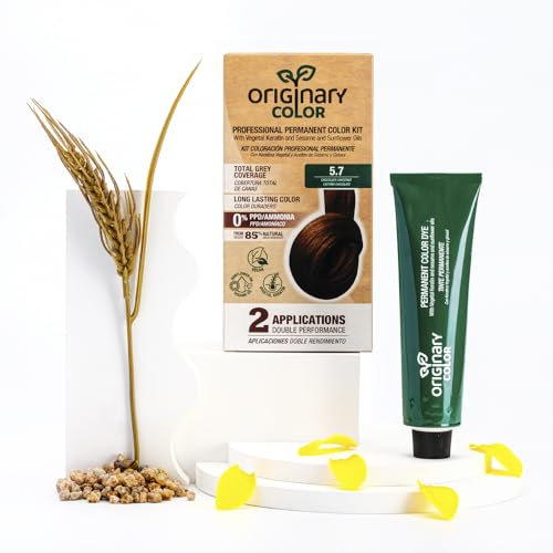Originary Color - Kit de Coloración Profesional Permanente, Color 5-7 Castaño Claro Marrón 100 ml + Crema Oxidante 100 ml + Champú 30 ml | Fórmula sin amoniaco y sin PPD.