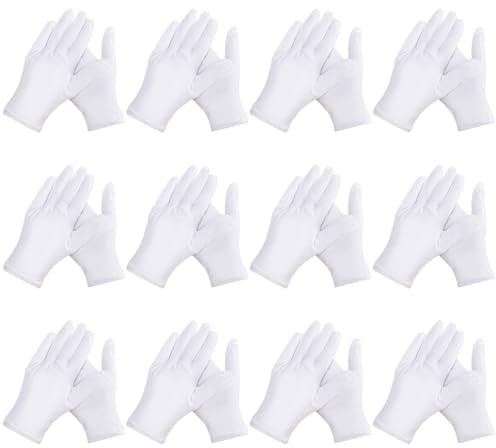 24Pcs White Gloves,12 Pairs Soft Cotton Gloves Large Size | Stitched White Gloves for Dry Hand Moisturizing Cosmetic Hand Spa and Coin Jewelry Silver Inspection