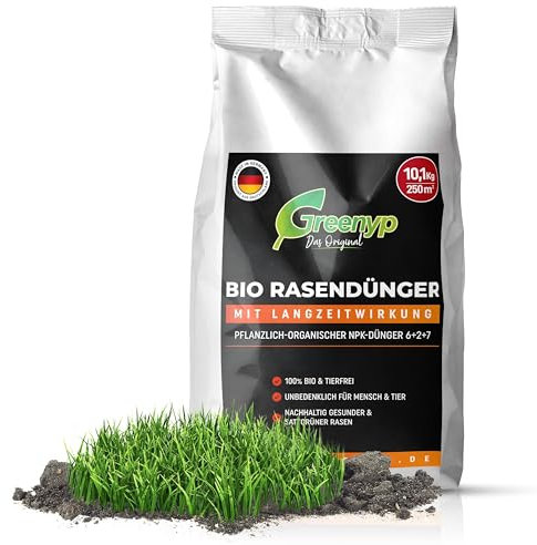 Greenyp Bio Rasendünger 10,1kg für 250m² I Pflanzlich Organischer Dünger mit 3 Monate Langzeitwirkung I Staubarm, Tierfreundlich und Vegan I Frühjahr bis Sommer