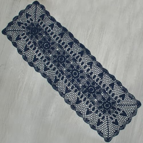 Kilofly - Runner da tavolo rettangolare in pizzo fatto a mano all'uncinetto, 38 x 129 cm, Blu