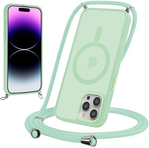 Yoedge Magnetische Handyband für iPhone 13 Pro Max 6,7 Hülle mit Band, Handyhülle Kompatibel mit MagSafe, Matt Transluzente PC + TPU Stoßfest Schutzhülle mit Abnehmbar Kordel zum Umhängen Case,Grün2