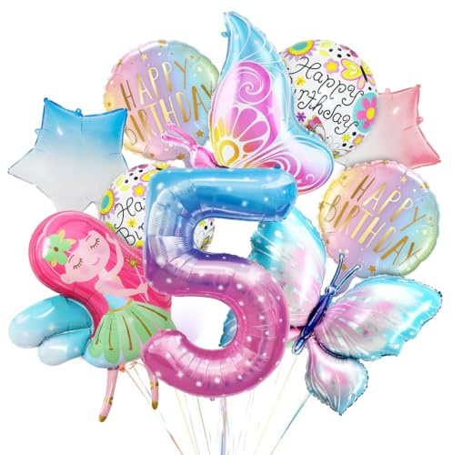 Geburtstag Deko Schmetterling, Bunt Schmetterling Folienballon, 5 Jahre Geburtstagsdeko, Zahl 5 Rosa Mädchen Ballon, Luftballon 5. Geburtstag Mädchen für Kinder Schmetterling Themen Geburtstag Party