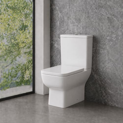 Square Rimless Close Coupled Toilet WC with Heavy Duty Soft Close Seat and Chrome Dual Flush Button 600mm Projection