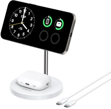 Anker MagGo 15W Magsafe Ladegerät kompatibel, 2-in-1 Induktive Ladestation, Qi2 Wireless Charger für iPhone 17/16/15/14/13/12, AirPods Pro, Mit 1,5m USB C Kabel, ohne Netzteil